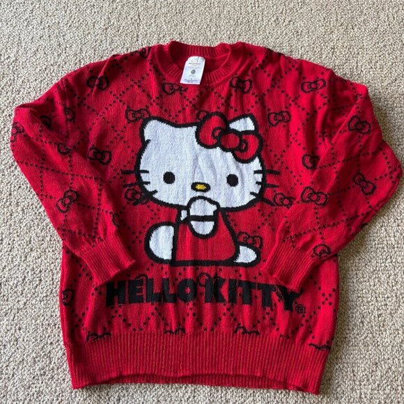 Sanrio Hello Kitty Red Sweater Black Bows Cotton Blend Womens S Crew Neck Y2K - Picture 2 of 7
